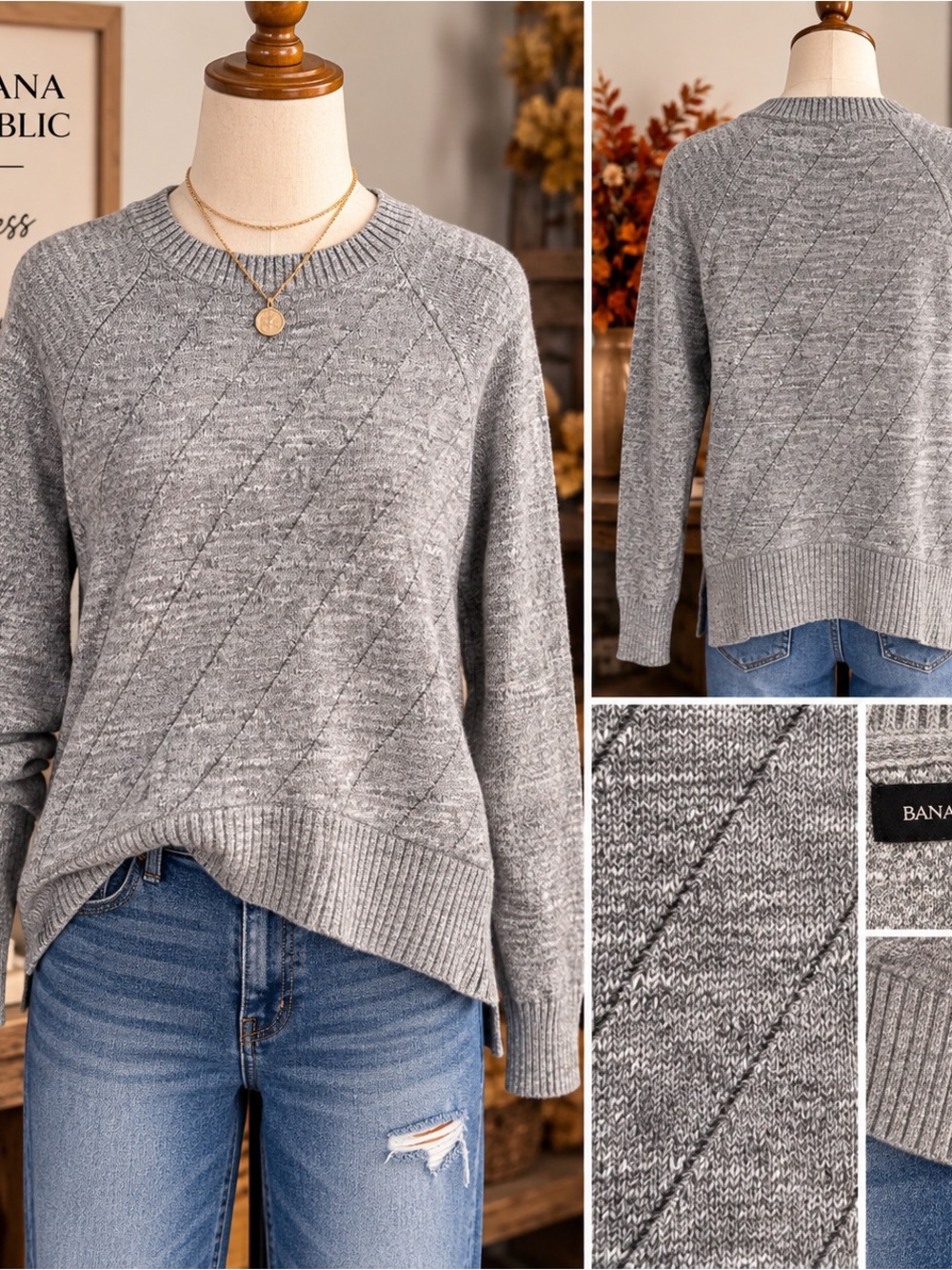 Banana Republic Women’s XS Gray Marled Cable Knit High Low Pullover Sweater